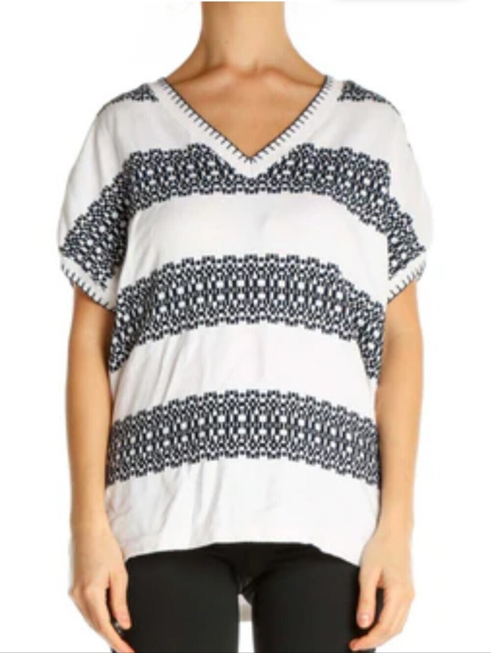 Tommy Hilfiger White V-Neck Short Sleeve Top with Black Geometric Stripes